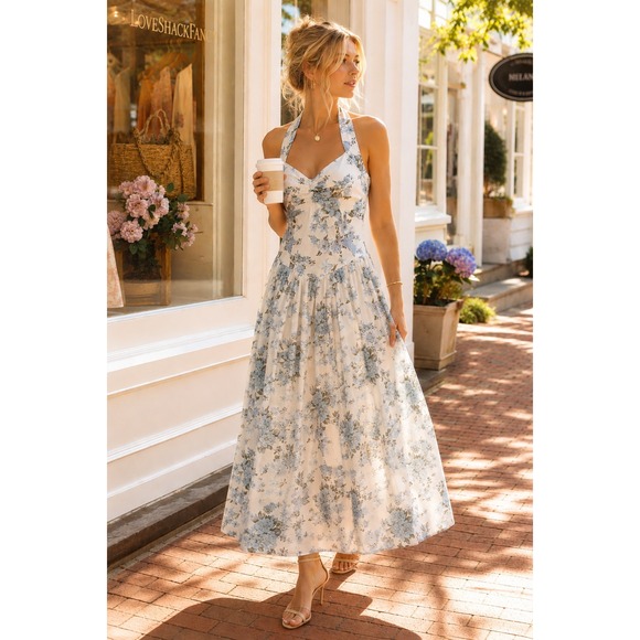 And Now This Dresses & Skirts - Floral Halter Sun Dress XS Coquette Blue White Sweetheart V-Waist Cottagecore